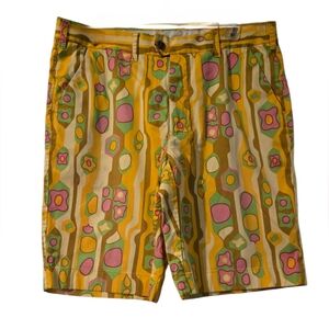 Loudmouth Mens Yellow Abstract Geo Retro 70s Print Golf  Shorts Stretch Size 32